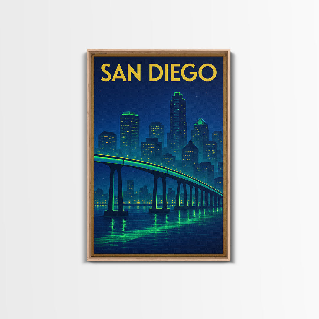 San Diego Travel Poster, Framed Canvas Print, Electric Night Poster Art, San Diego Wall Art, Retro Travel Print, Travel Wall Art