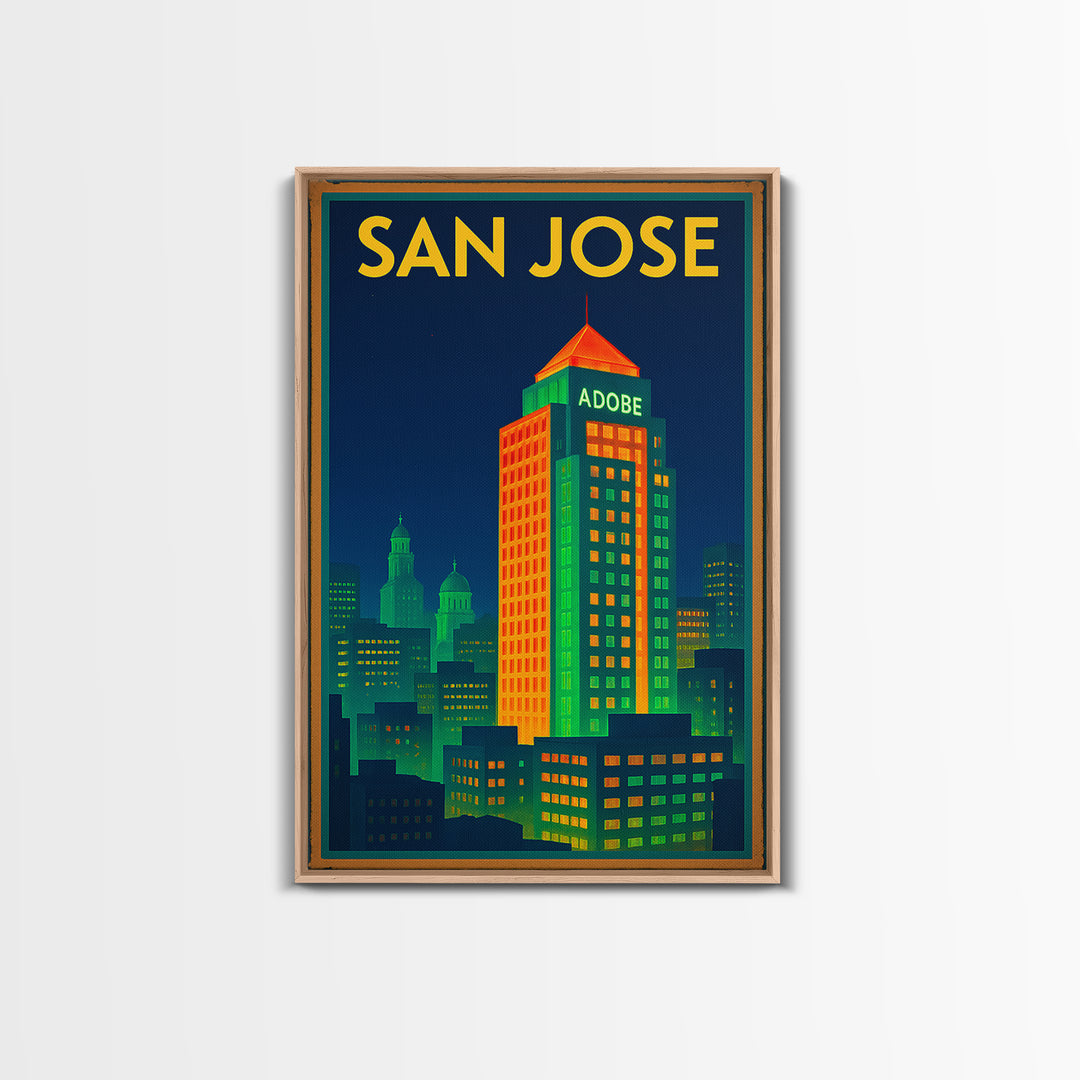 San Jose California Travel Poster, Framed Canvas Print, Cyberpunk Style City Art, San Jose Art Print, Wanderlust Decor, Travel Poster Set