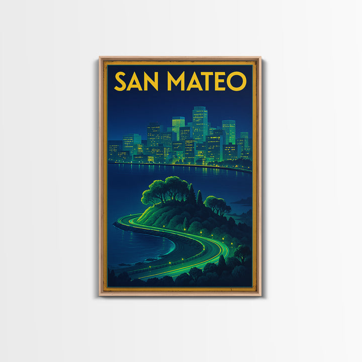 San Mateo Travel Poster, Framed Canvas Print, Electric Night Poster Art, San Mateo Wall Art, Vintage Travel Print, Vintage City Art