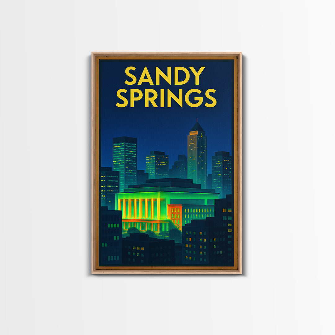 Sandy Springs Travel Poster, Canvas Print, Retro Neon Travel Art, Sandy Springs Travel Art, Travel Poster Set, Watercolor Downtown Skyline