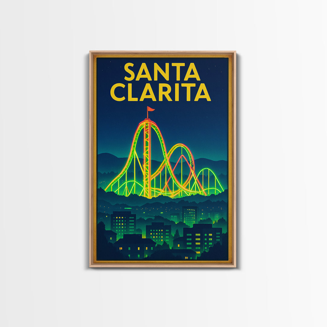 Santa Clarita Travel Poster, Framed Canvas Print, Retro Neon Travel Art, Santa Clarita Wall Art, Vintage City Poster, Retro Travel Print