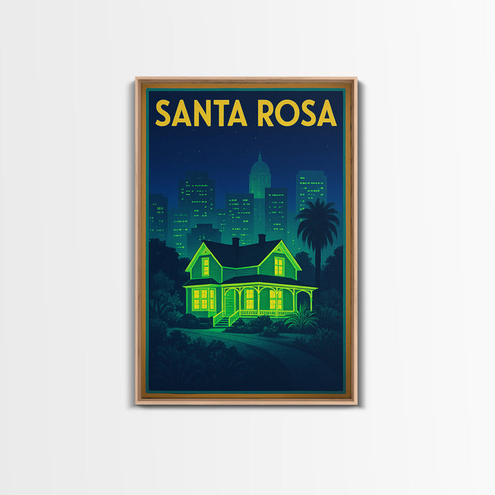 Santa Rosa Travel Poster, Canvas Print, Retro Neon Travel Art, Santa Rosa City Art, Eclectic Wall Decor, Watercolor Skyline, Wall Art
