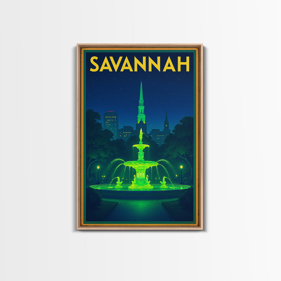 Savannah Travel Poster, Framed Canvas Print, Neon Skyline Wall Art, Savannah Wall Art, Gift For Travelers, Living Room Wall Art
