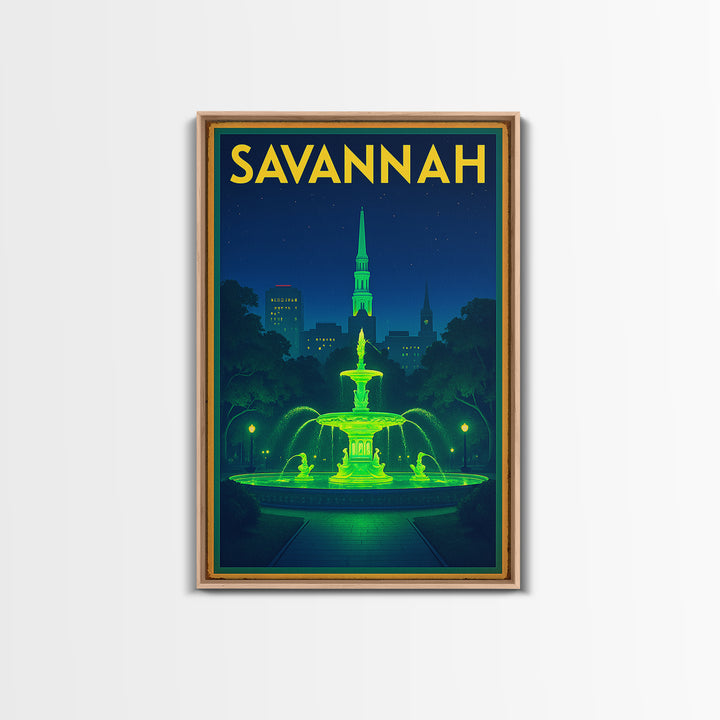 Savannah Travel Poster, Framed Canvas Print, Neon Skyline Wall Art, Savannah Wall Art, Gift For Travelers, Living Room Wall Art