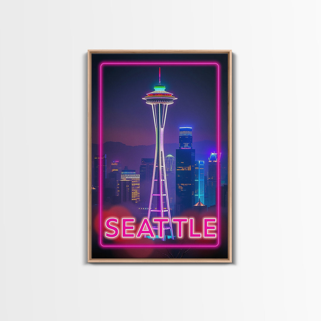 Seattle Washington Travel Poster, Canvas Print, Cyberpunk Style City Art, Seattle City Art, Wanderlust Decor, Travel Art Print, Wall Art