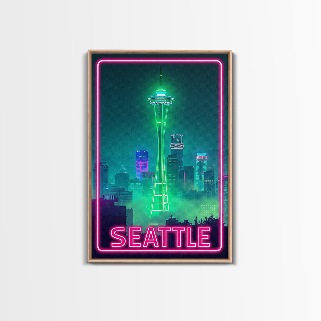 Seattle Travel Poster, Canvas Print, Electric Night Poster Art, Seattle Art Print, Vintage City Poster, Retro Travel Print, City Poster