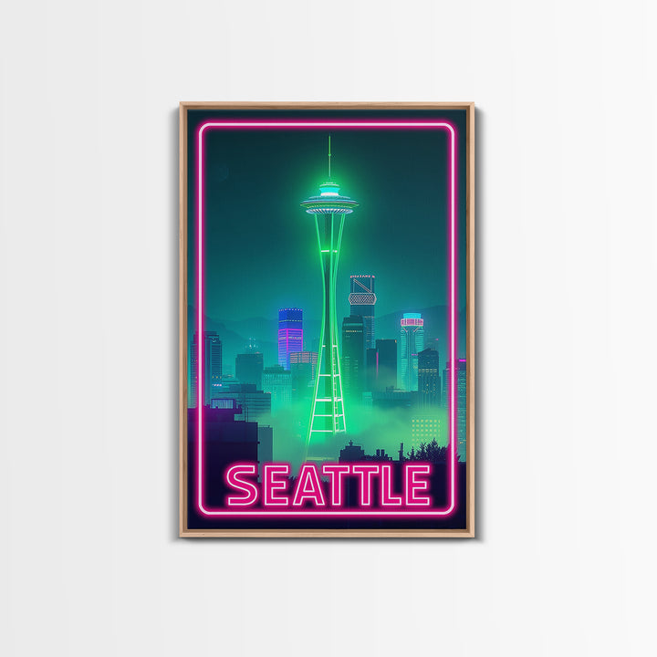 Seattle Travel Poster, Canvas Print, Electric Night Poster Art, Seattle Art Print, Vintage City Poster, Retro Travel Print, City Poster