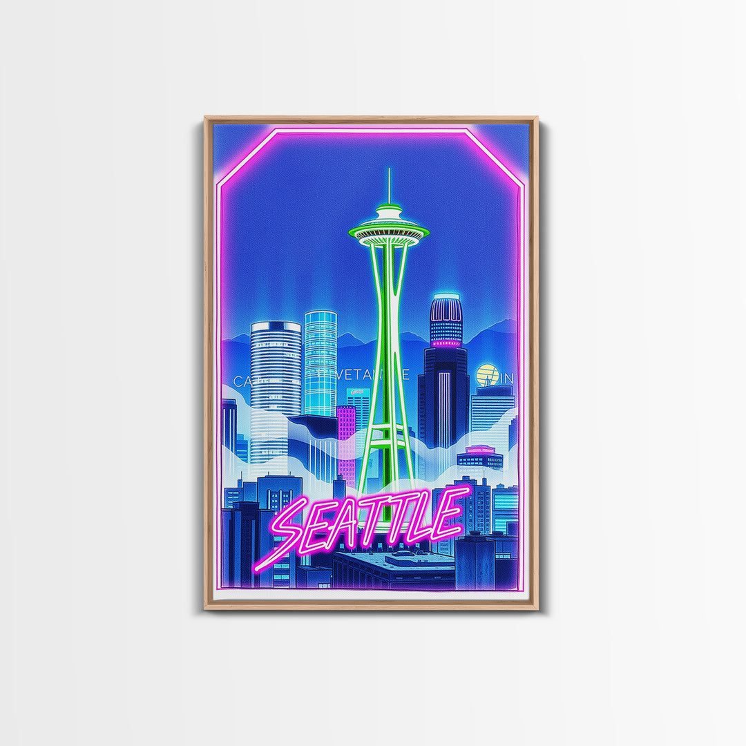 Seattle Travel Poster, Canvas Print, Cyberpunk Style City Art, Seattle City Art, Watercolor Skyline, City Travel Prints, Travel Wall Art