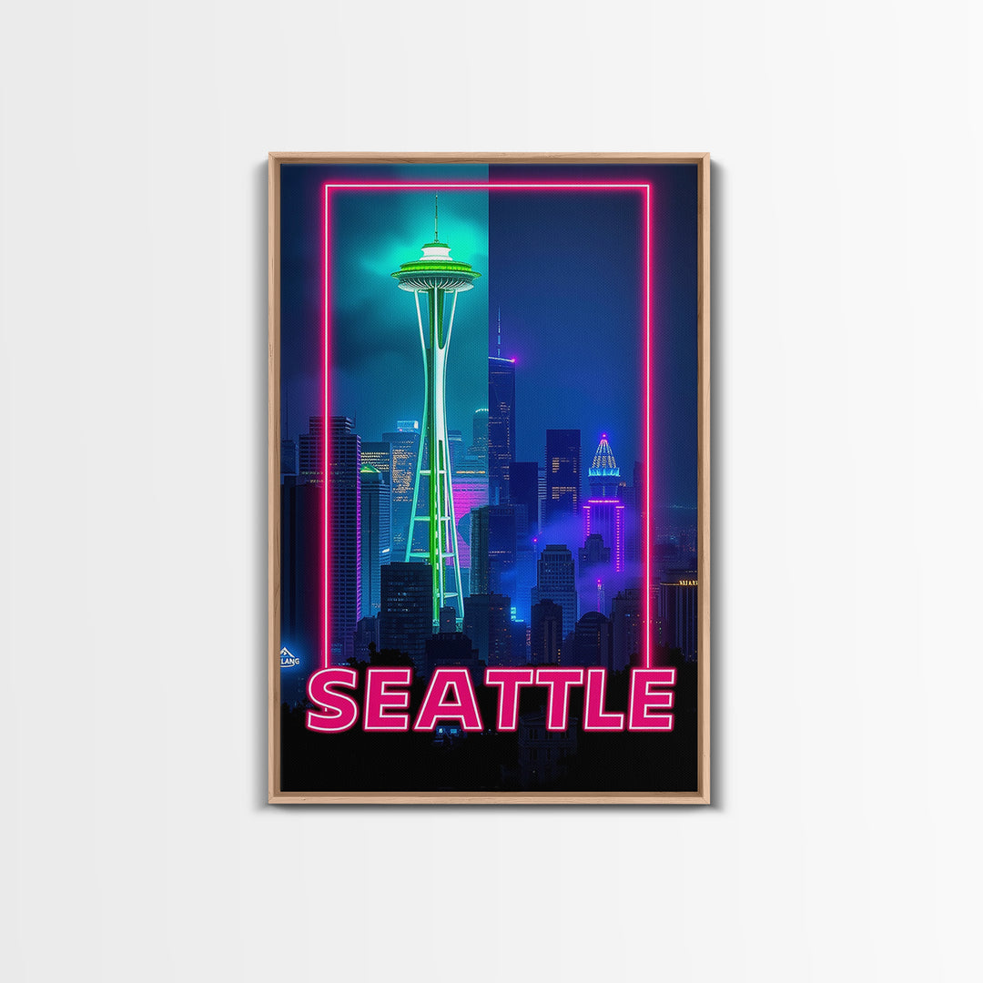 Seattle Travel Poster, Framed Canvas Print, Retro Neon Travel Art, Seattle City Art, Modern Wall Decor, Travel Wall Decor, Fine Art Print