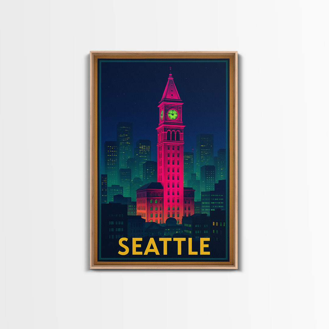 Seattle Travel Poster, Framed Canvas Print, Cyberpunk Style City Art, Seattle Wall Art, Travel Wall Art, Vintage Travel Print, Design 5