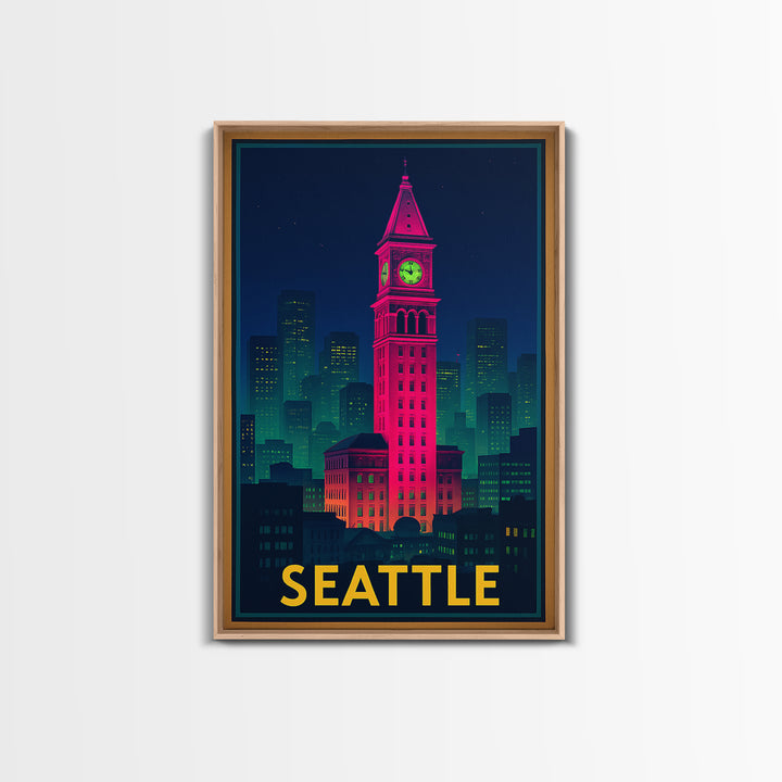 Seattle Travel Poster, Framed Canvas Print, Cyberpunk Style City Art, Seattle Wall Art, Travel Wall Art, Vintage Travel Print, Design 5