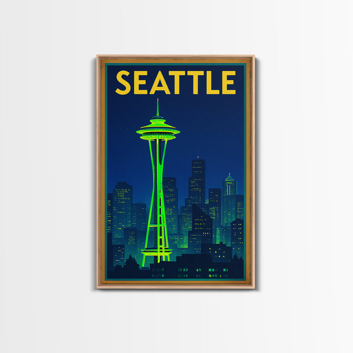 Seattle Travel Poster, Framed Canvas Print, Cyberpunk Style City Art, Seattle City Art, Wanderlust Decor, Retro Travel Print, Design 6