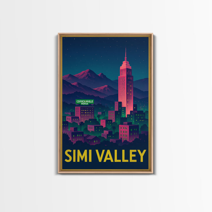 Simi Valley California Travel Poster, Canvas Print, Neon City Skyline Wall Art, Simi Valley Poster Print, Wall Decor, Travel Art Print
