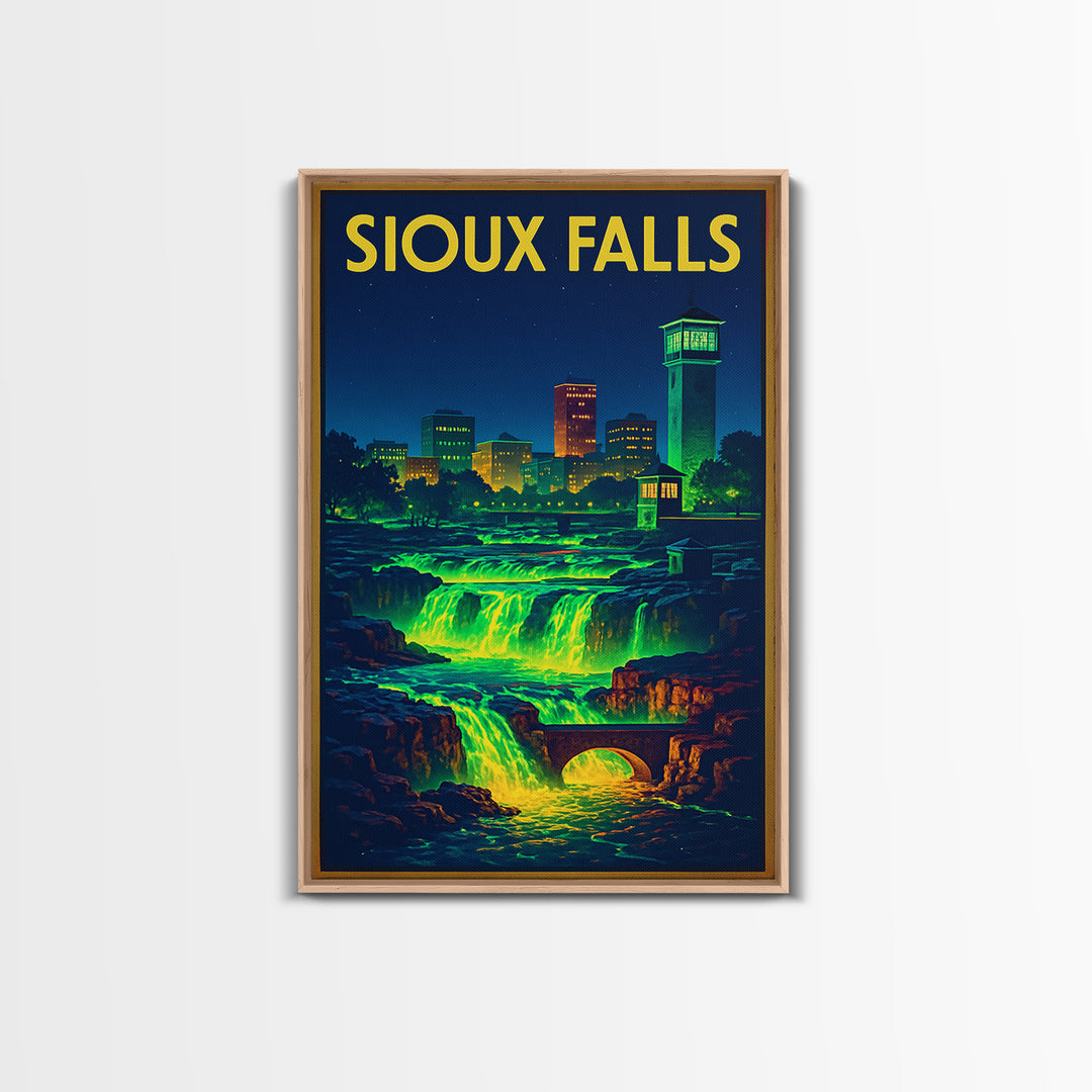 Sioux Falls Travel Poster, Canvas Print, Retro Neon Travel Art, Sioux Falls Poster Print, Living Room Wall Art, City Illustration