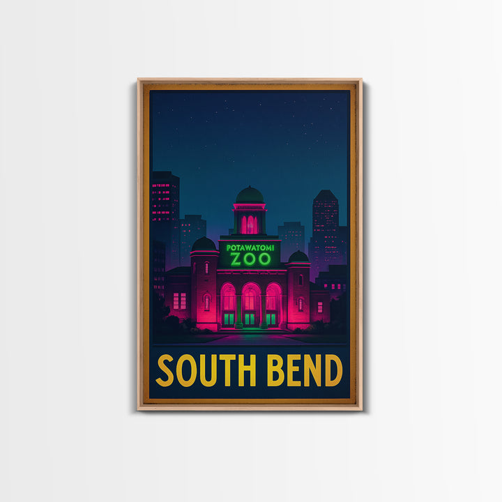 South Bend Indiana Travel Poster, Canvas Print, Neon Skyline Wall Art, South Bend City Art, Vintage Travel Print, Retro Travel Print