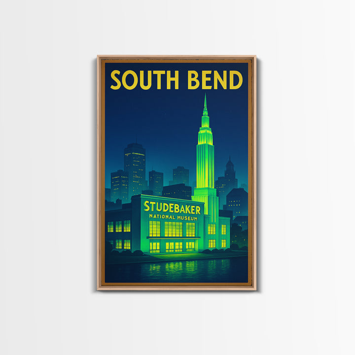 South Bend Travel Poster, Framed Canvas Print, Neon City Skyline Wall Art, South Bend Wall Art, Wanderlust Decor, Living Room Wall Art