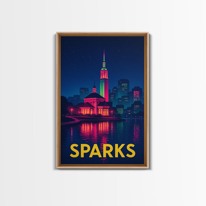 Sparks Nevada Travel Poster, Framed Canvas Print, Cyberpunk Style City Art, Sparks Poster Print, Travel Art Print, Mid Century Wall Art