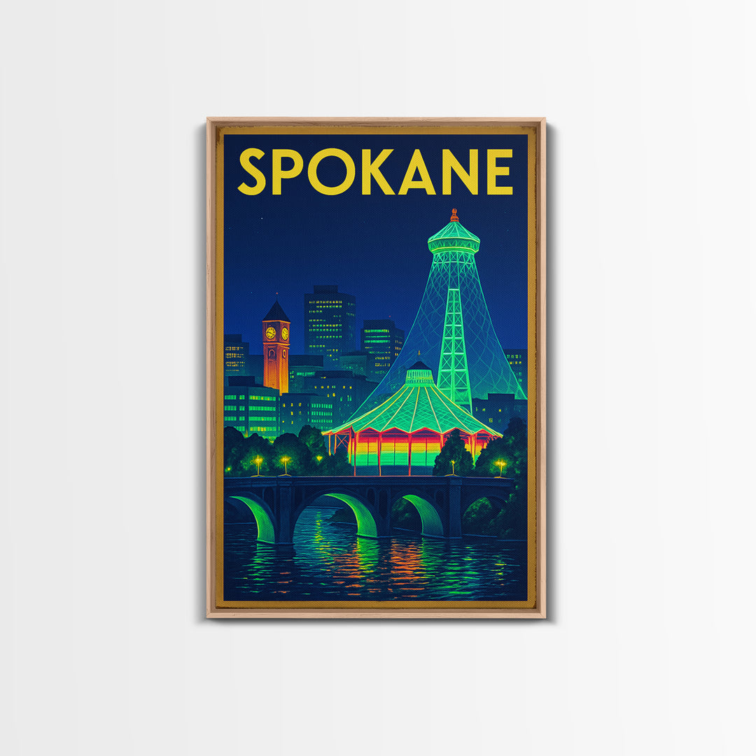 Spokane Travel Poster, Framed Canvas Print, Neon Skyline Wall Art, Spokane Travel Art, Travel Poster Set, Eclectic Wall Decor