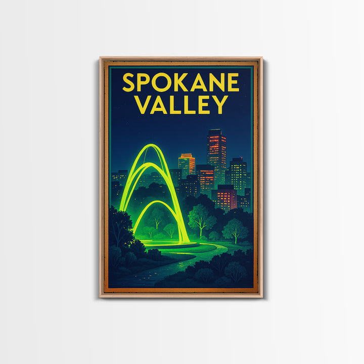 Spokane Valley Travel Poster, Framed Canvas Print, Cyberpunk Style City Art, Spokane Valley Wall Art, Vintage Travel Print, Retro Poster