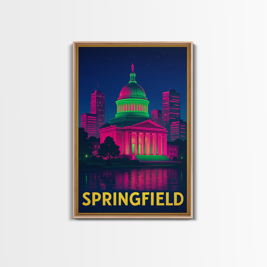 Springfield Travel Poster, Framed Canvas Print, Cyberpunk Style City Art, Springfield Travel Art, Fine Art Print, Mid Century Wall Art