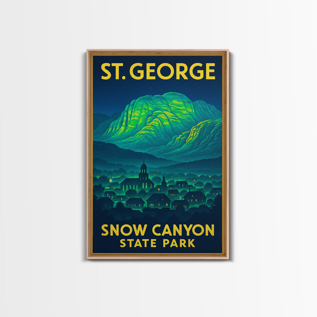 St George Travel Poster, Framed Canvas Print, Cyberpunk Style City Art, St George Art Print, Mid Century Wall Art, Gift For Travelers