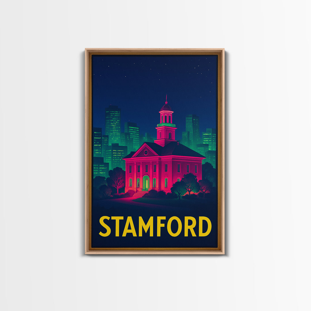Stamford Connecticut Travel Poster, Canvas Print, Neon City Skyline Wall Art, Stamford Print, Travel Wall Art, Travel Print, Retro Poster