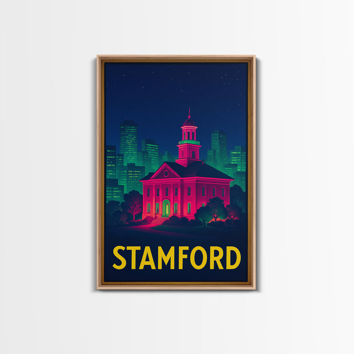 Stamford Connecticut Travel Poster, Canvas Print, Neon City Skyline Wall Art, Stamford Print, Travel Wall Art, Travel Print, Retro Poster