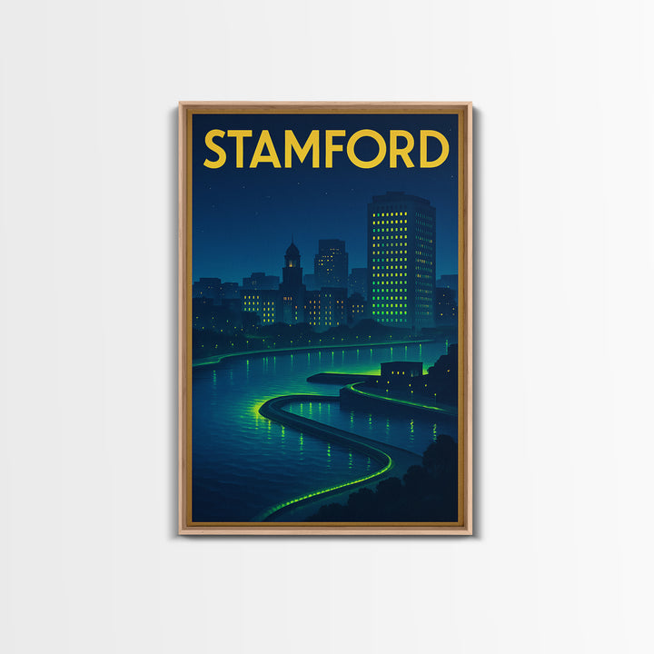 Stamford Travel Poster, Framed Canvas Print, Electric Night Poster Art, Stamford Travel Art, Travel Wall Decor, Travel Wall Art