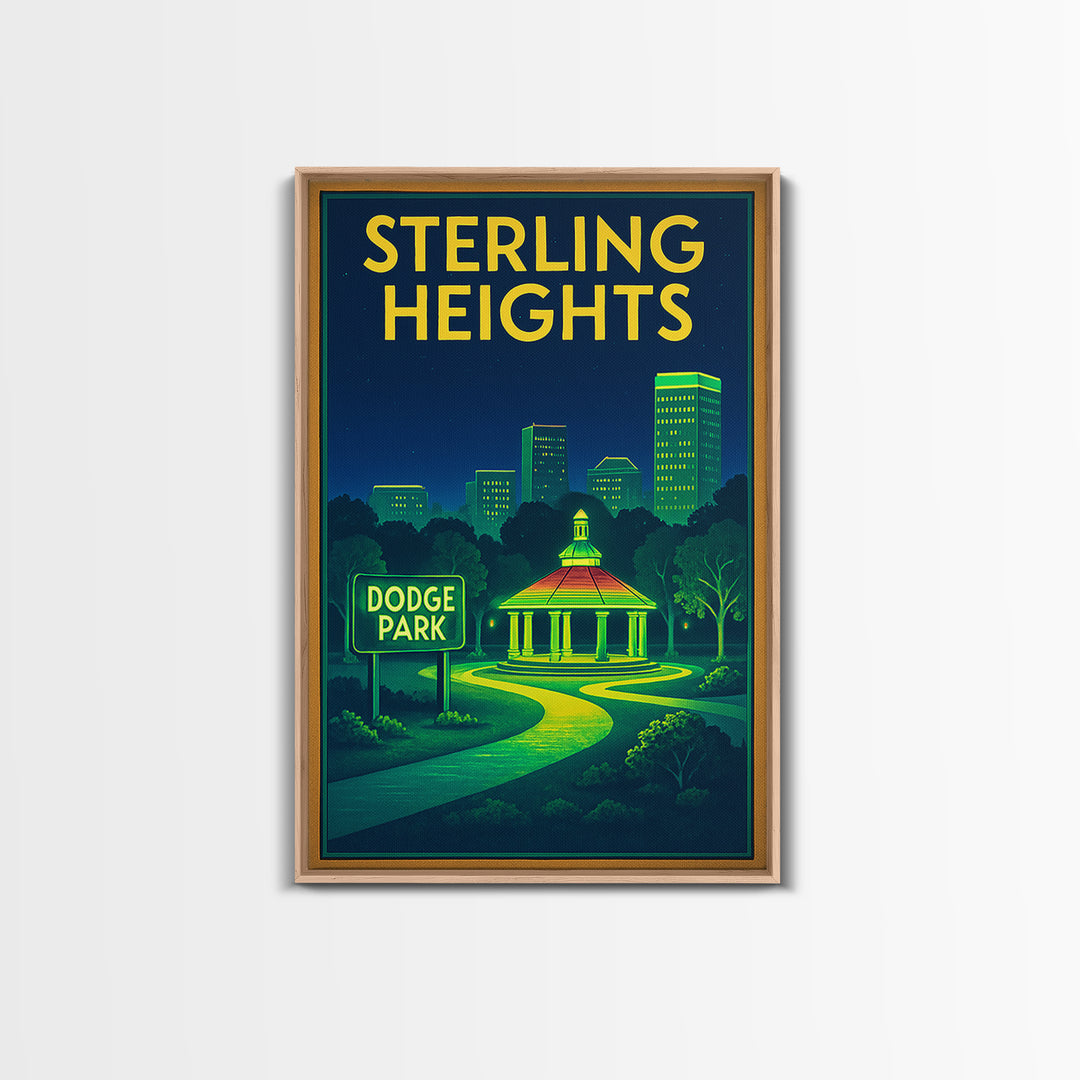 Sterling Heights Travel Poster, Framed Canvas Print, Neon City Skyline Wall Art, Sterling Heights Poster Print, City Illustration
