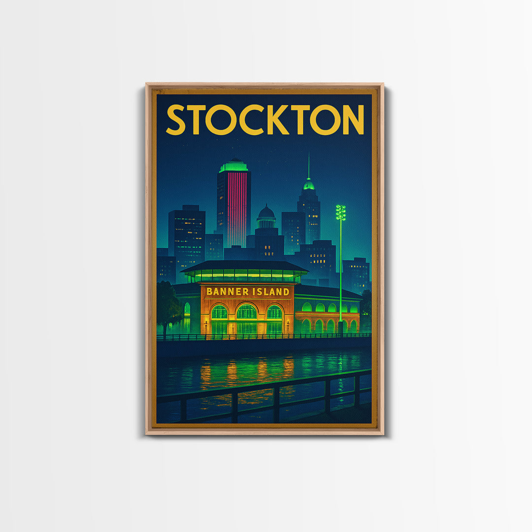 Stockton Travel Poster, Framed Canvas Print, Neon City Skyline Wall Art, Stockton Poster Print, Vintage City Art, Vintage Travel Art