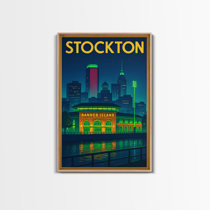 Stockton Travel Poster, Framed Canvas Print, Neon City Skyline Wall Art, Stockton Poster Print, Vintage City Art, Vintage Travel Art