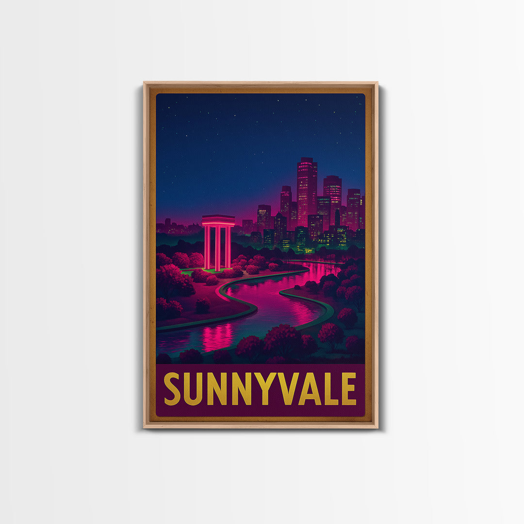 Sunnyvale California Travel Poster, Canvas Print, Neon Downtown Skyline Wall Art, Sunnyvale Art Print, Home Office Decor, Retro Travel Print