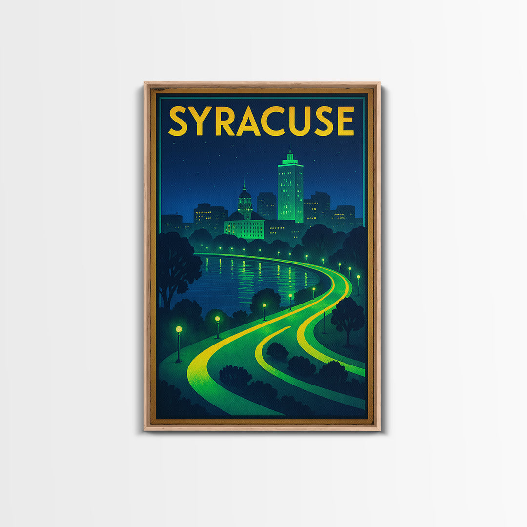 Syracuse Travel Poster, Framed Canvas Print, Neon City Skyline Wall Art, Syracuse Travel Art, Travel Art Print, Vintage Travel Print