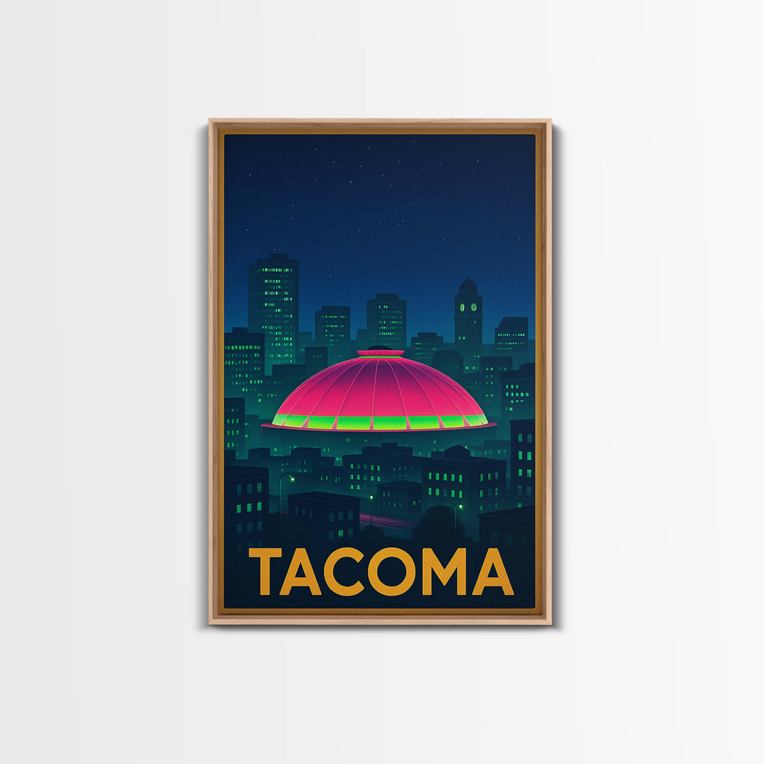Tacoma Washington Travel Poster, Framed Canvas Print, Cyberpunk Style City Art, Tacoma Travel Art, Vintage City Poster, Mid Century Wall Art
