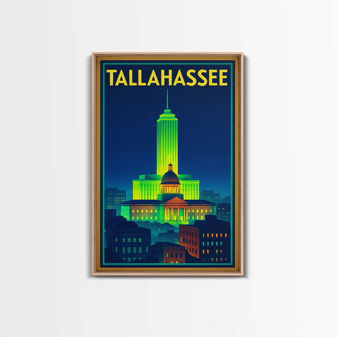 Talahassee Travel Poster, Framed Canvas Print, Neon Downtown Skyline Wall Art, Talahassee Art Print, Gift For Travelers, Vintage City Poster