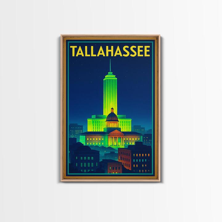 Talahassee Travel Poster, Framed Canvas Print, Neon Downtown Skyline Wall Art, Talahassee Art Print, Gift For Travelers, Vintage City Poster