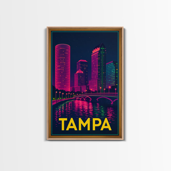 Tampa Florida Travel Poster, Canvas Print, Electric Night Poster Art, Tampa City Art, Wanderlust Decor, Travel Wall Art, Home Office Decor