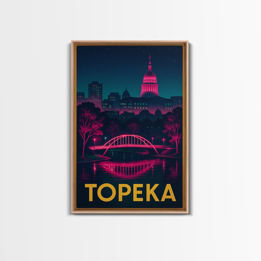 Topeka Kansas Travel Poster, Canvas Print, Retro Neon Travel Art, Topeka City Art, Travel Poster Art, Travel Wall Art, Living Room Wall Art
