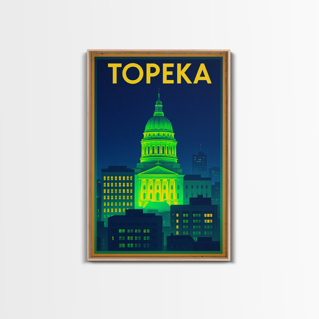 Topeka Travel Poster, Canvas Print, Retro Neon Travel Art, Topeka Travel Art, Travel Poster Set, Travel Wall Decor, City Travel Prints