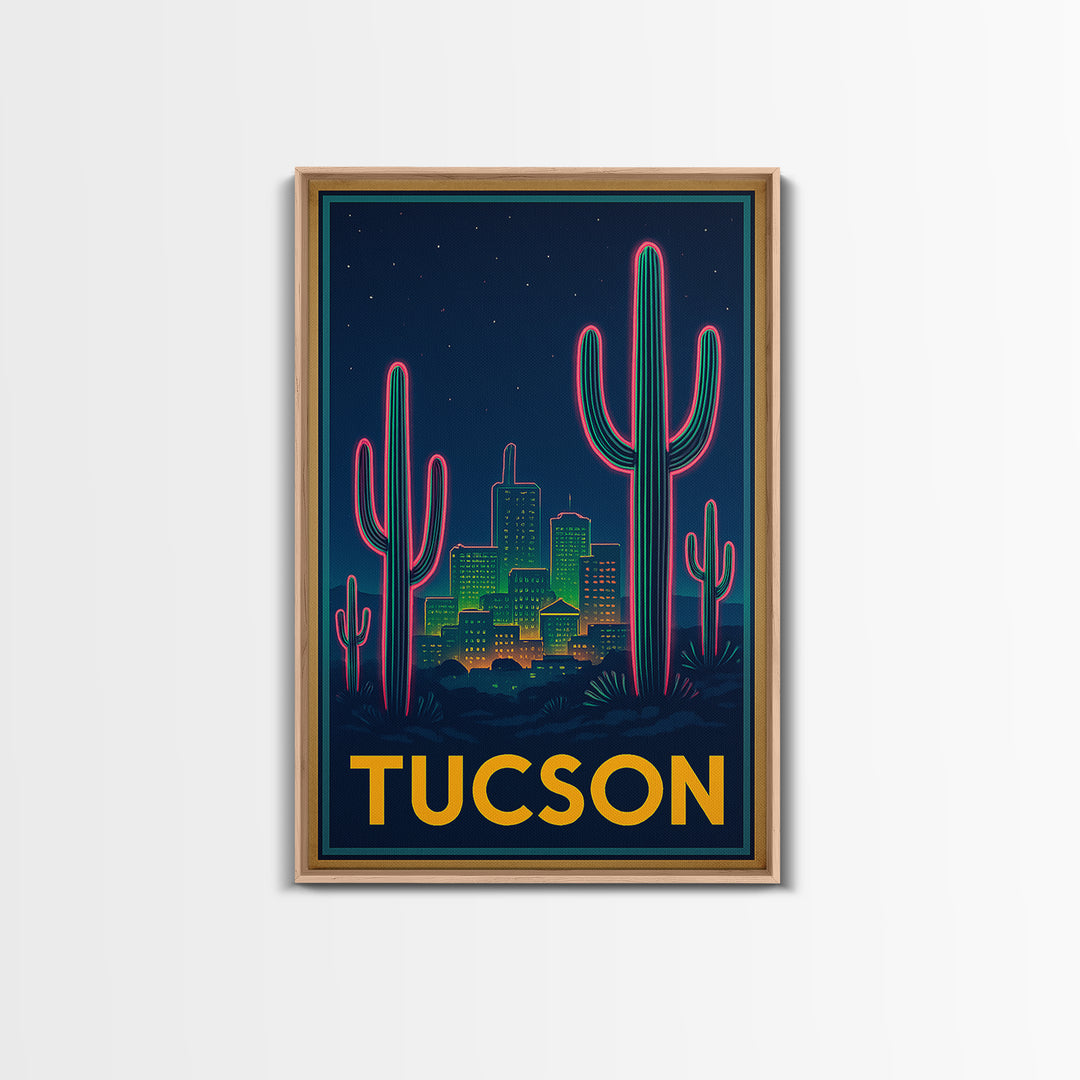Tucson Arizona Travel Poster, Canvas Print, Retro Neon Travel Art, Tucson City Art, Travel Poster Set, Watercolor Skyline Art, Art Print