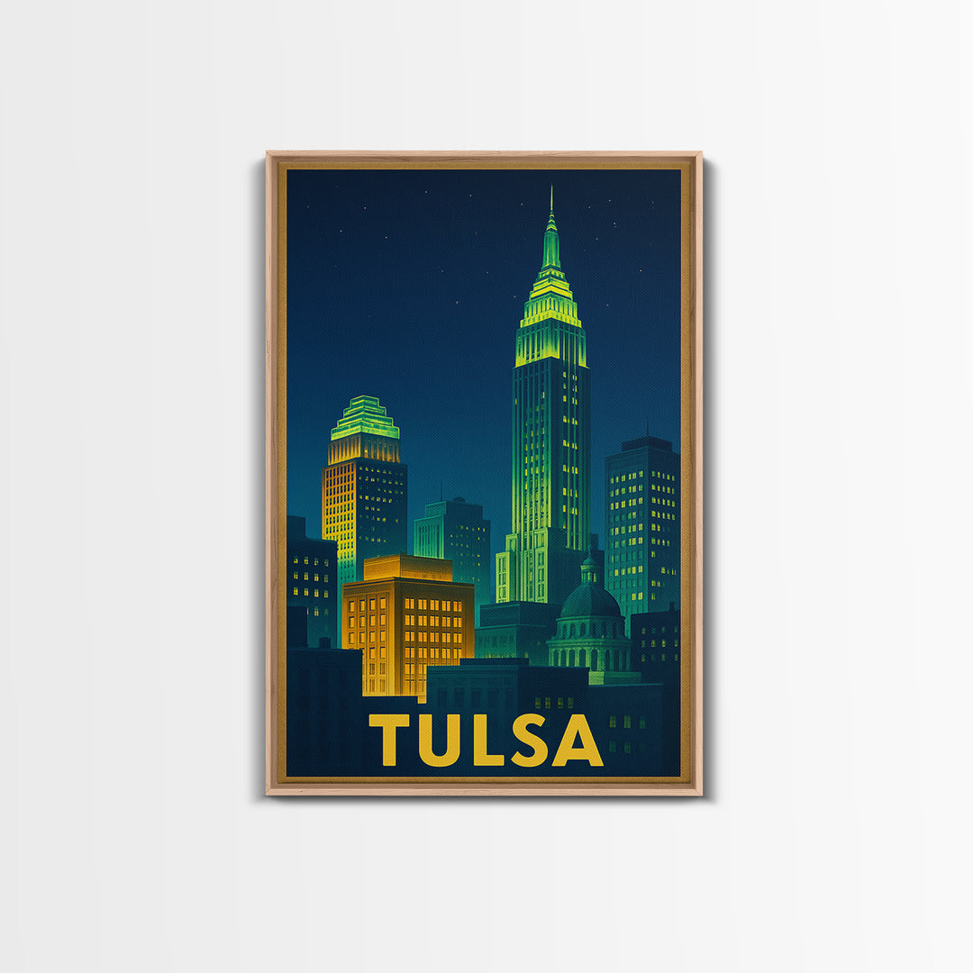 Tulsa Oklahoma Travel Poster, Canvas Print, Electric Night Poster Art, Tulsa Wall Art, City Travel Prints, Watercolor Cityscape, Poster Art
