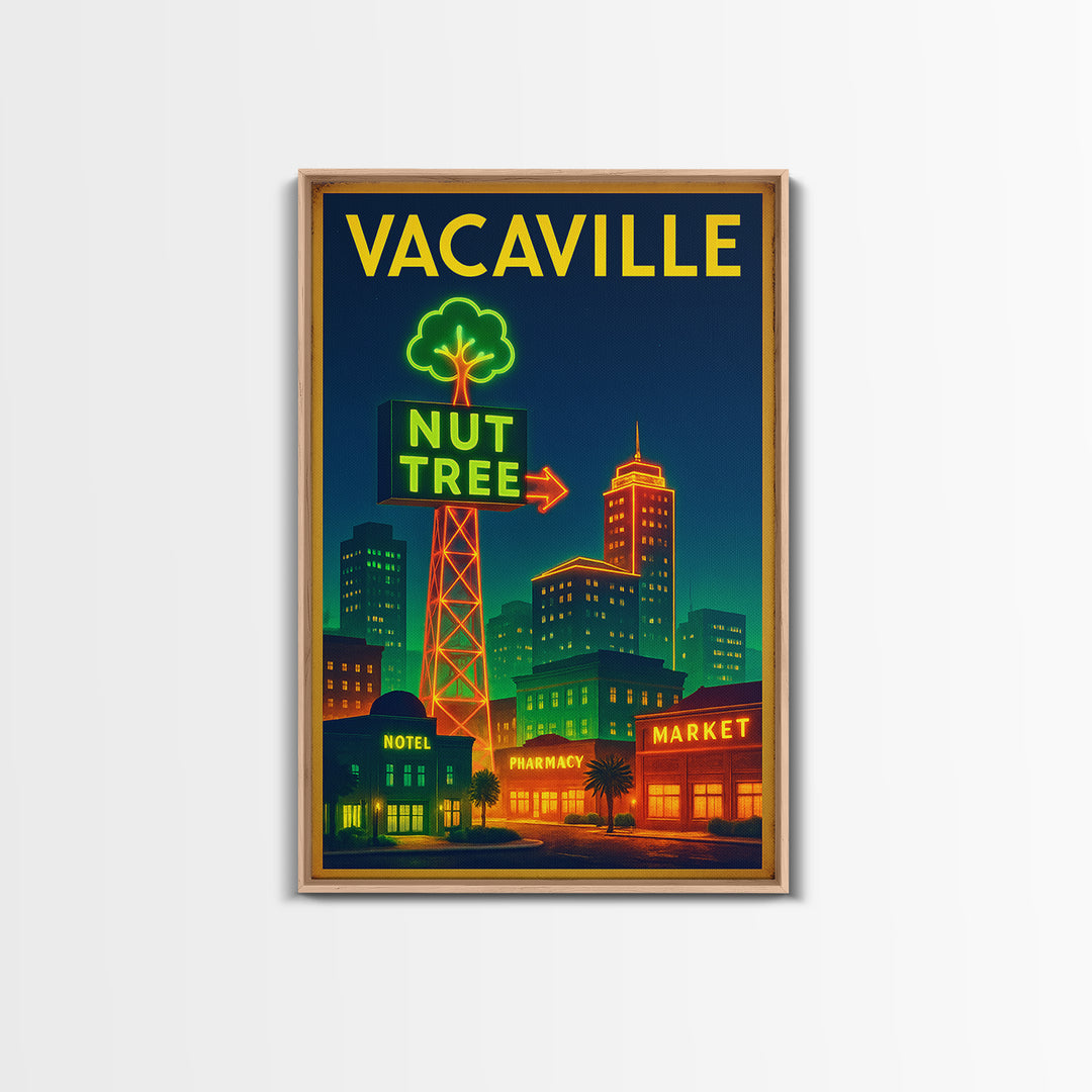 Vacaville Travel Poster, Framed Canvas Print, Electric Night Poster Art, Vacaville Travel Art, Travel Wall Art, Watercolor Skyline Art