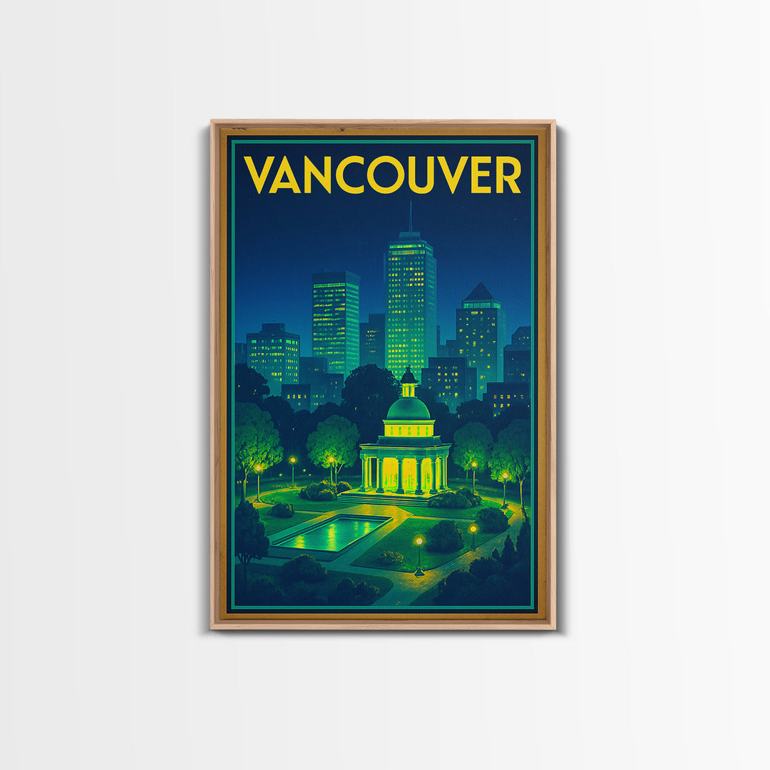 Vancouver Travel Poster, Framed Canvas Print, Retro Neon Travel Art, Vancouver Wall Art, Mid Century Wall Art, Retro Travel Print