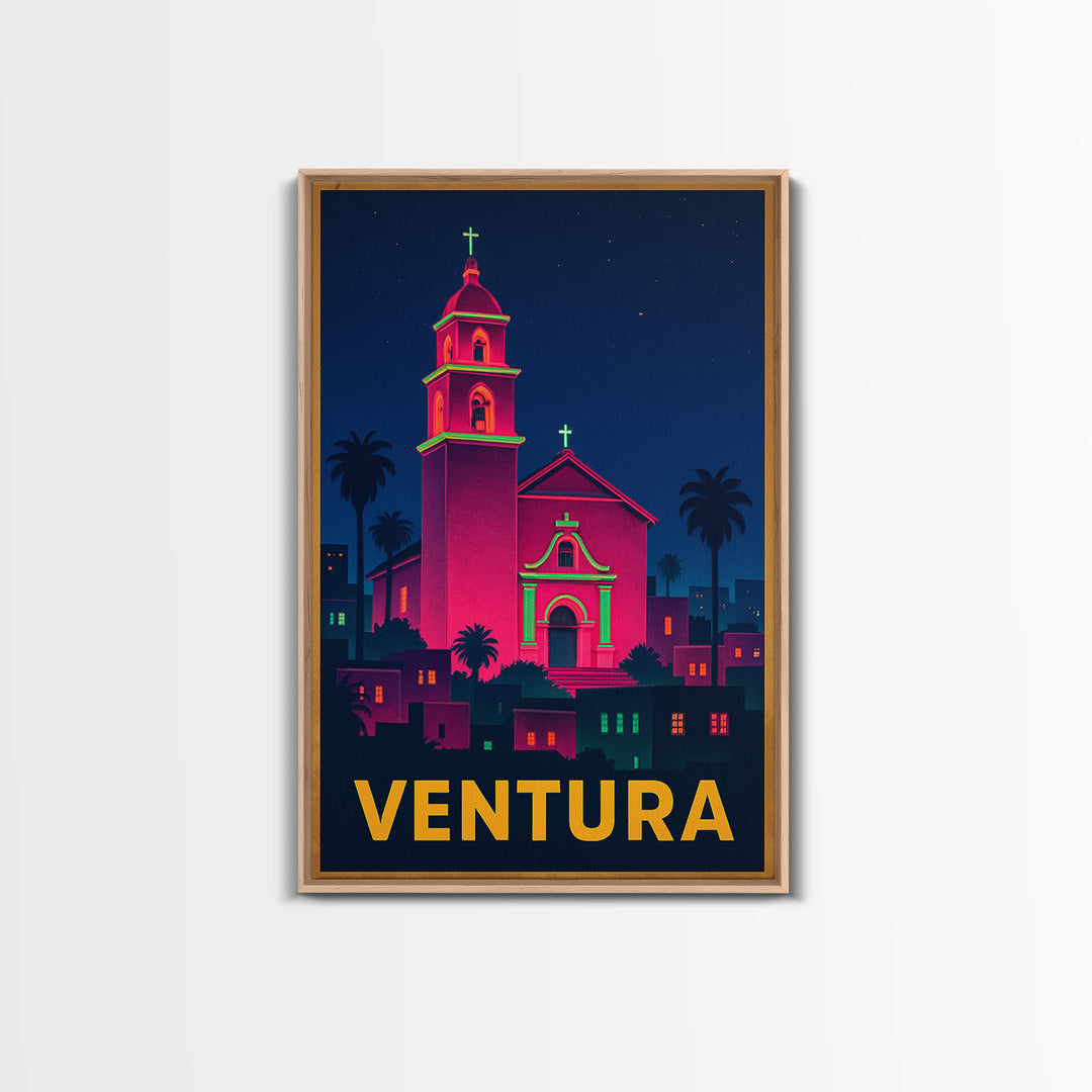 Ventura California Travel Poster, Canvas Print, Neon Skyline Art Wall Art, Ventura Art Print, Wall Decor, City Illustration, Home Decor