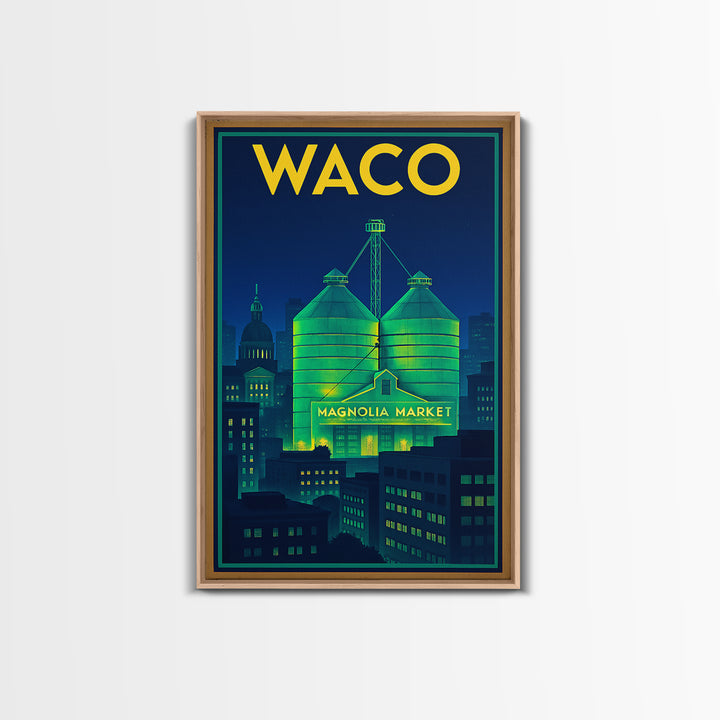 Waco Travel Poster, Framed Canvas Print, Electric Night Poster Art, Waco Travel Art, Watercolor Cityscape, Travel Wall Art, Poster Print