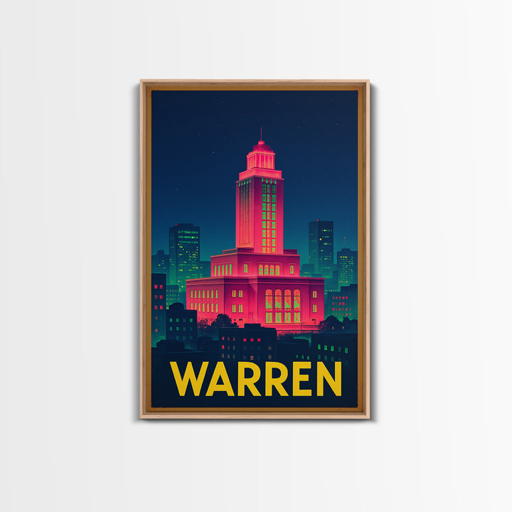 Warren Michigan Travel Poster, Canvas Print, Retro Neon Travel Art, Warren Wall Art, Home Office Decor, Modern Wall Decor, City Illustration