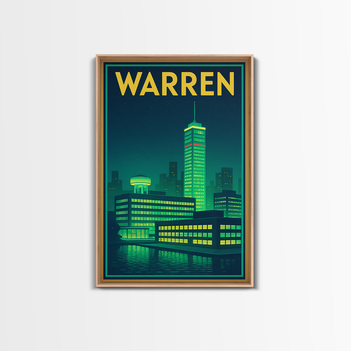 Warren Travel Poster, Canvas Print, Neon Urban Skyline Wall Art, Warren Wall Art, Wall Decor, Mid Century Wall Art, Wanderlust Decor