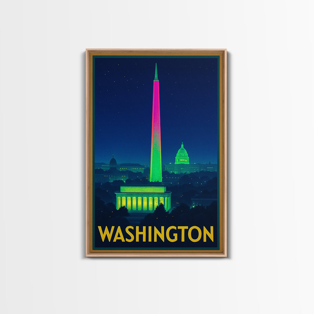 Washington Travel Poster, Framed Canvas Print, Electric Night Poster Art, Washington Travel Art, Vintage Travel Print, Gift For Travelers