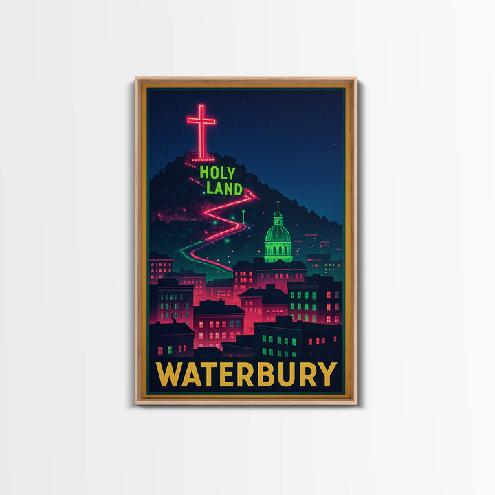 Waterbury Travel Poster, Framed Canvas Print, Neon Skyline Wall Art, Waterbury Art Print, Fine Art Print, Vintage Travel Art
