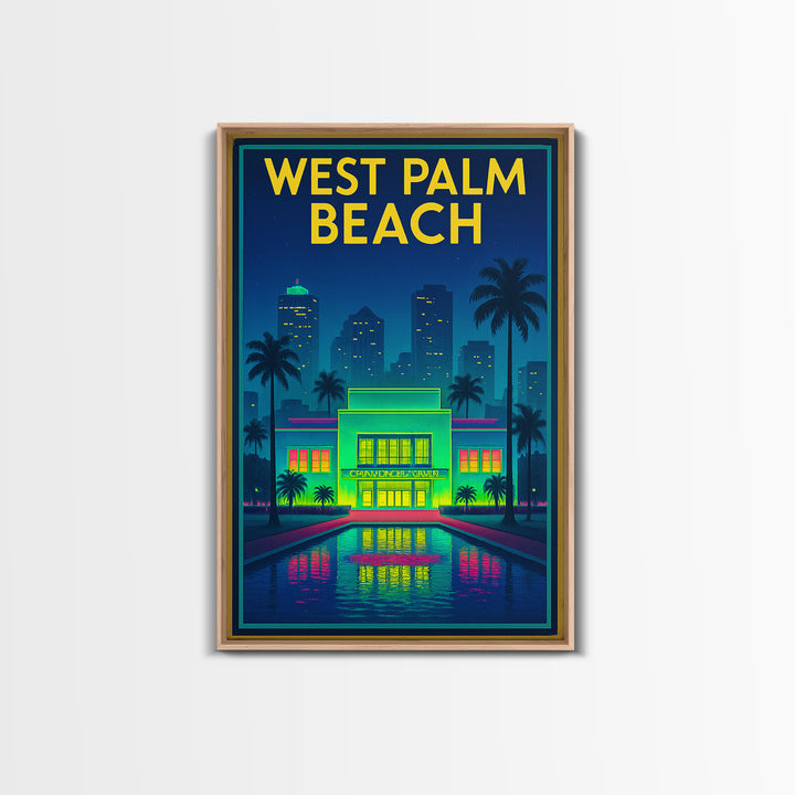 West Palm Beach Travel Poster, Framed Canvas Print, Neon City Skyline Wall Art, West Palm Beach Poster Print, Retro Travel Print, Wall Art